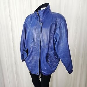 Vintage La Nouvelle Renaissance oversized blue leather jacket unique large
